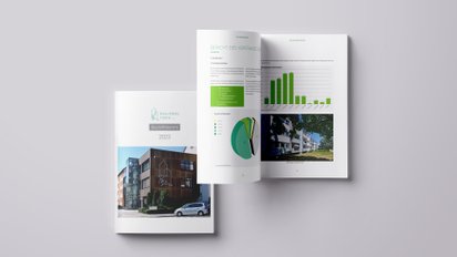 Die Titelseite und eine aufgeschlagene Inhaltsseite zeigen den Geschäftsberichts 2023 des Bauvereins Fürth