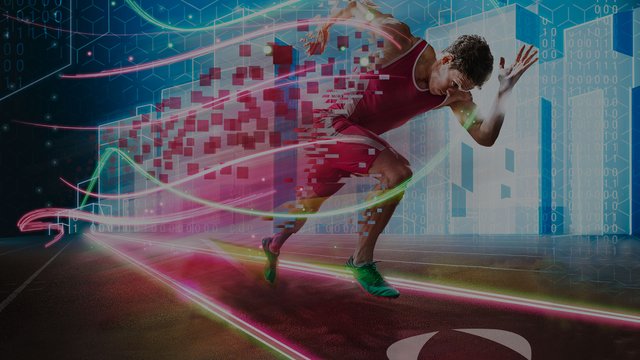 Sportler sprintet los. Man sieht die Dynamik durch schwungvolle Elemente