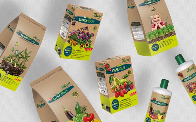 Verschiedene Verpackungen im braunen Naturkarton-Look von BIOGRA Hauert 