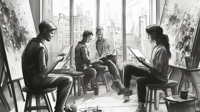 Gezeichnetes Storyboard-Bild. Drei Kommunikations-Experten sitzen in einem kreativen Atelier.