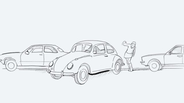 Eine Storyboard Skizze des Videos über das Messsystem IMS-A. Man sieht wie ein Käfer in eine Parklücke fährt. 