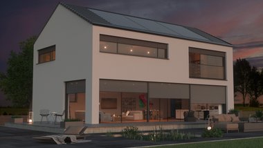 Modernes Satteldachhaus in einer Abendstimmung