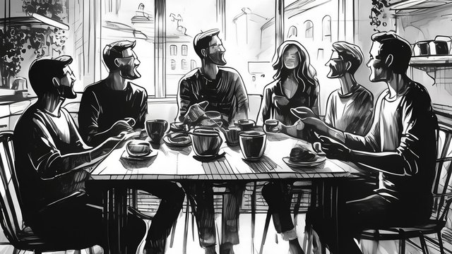 Gezeichnetes Storyboard-Bild. Sechs Kommunikations-Experten sitzen an einem Tisch in einer Küche. 