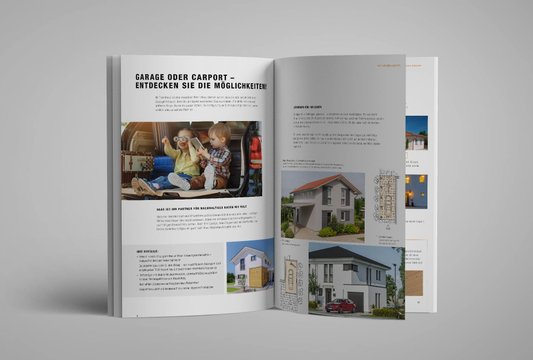 Infos zu Garagen und Carports im aufgeschlagenen Prospekt von Haas Fertighausbau