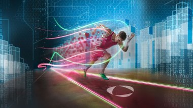 Sportler sprintet los. Man sieht die Dynamik durch schwungvolle Elemente