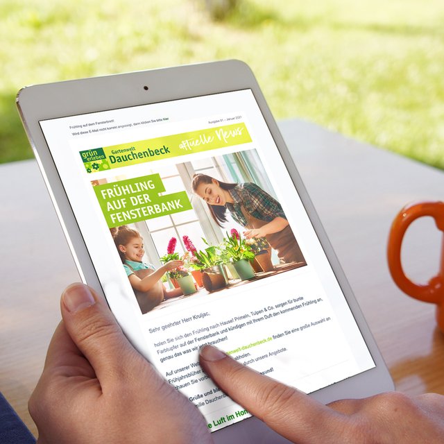 Newsletter der Gartenwelt Dauchenbeck wird an einem Tablet gelesen. 