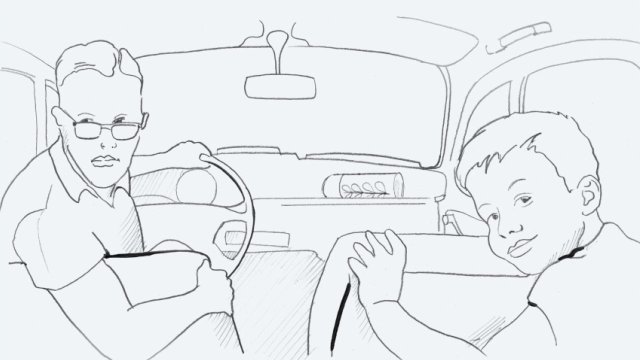 Eine Storyboard Skizze des Videos über das Messsystem IMS-A. Man sieht den Innenraum eines Autos und Beifahrer und Fahrer beim Einparken. 