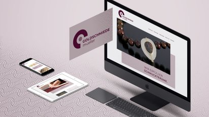 Die neue Webseite der Goldschmiede Müller wird auf einem Monitor, einem Tablet und einem Smartphone angezeigt.