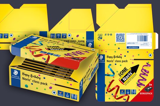 Eine Bleistiftverpackung im Jubiläums-Design von Staedtlers Marke Noris