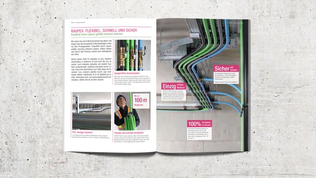Aufgeschlagene Broschüre des Kommunikationskonzepts Industrierohre