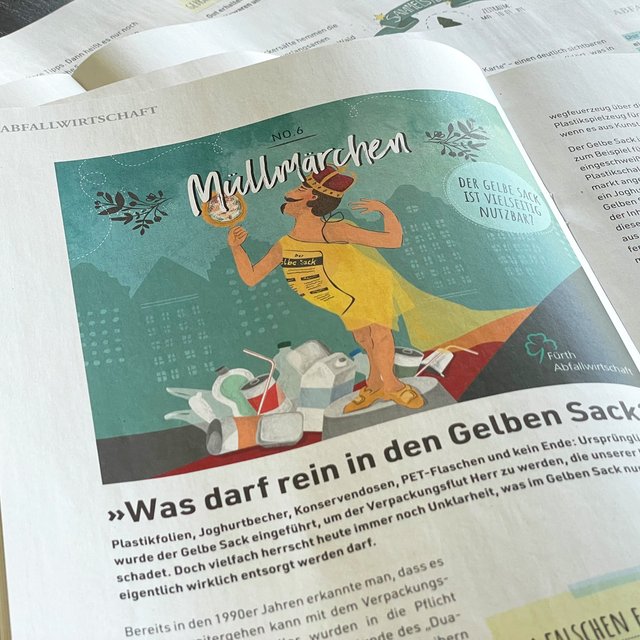 Ein Kaiser sieht sich im Spiegel an und posiert stolz mit seinen neuen Kleidern aus Müllsäcken