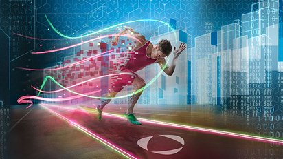 Sportler sprintet los. Man sieht die Dynamik durch schwungvolle Elemente