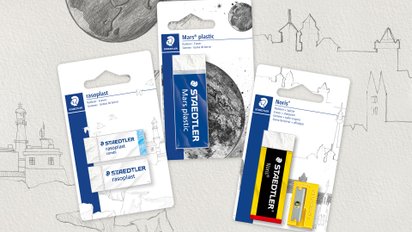 Drei Radierer Blisterkarten mit Bleistiftzeichnungen