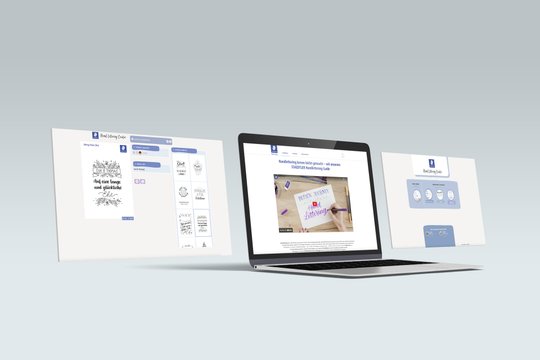 Drei verschiedenen Layouts des Hand Lettering Creators von Steadtler sind auf bzw. neben einem Laptop sichtbar.