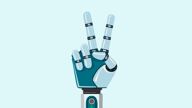 Eine Roboterhand macht das Peace Zeichen.