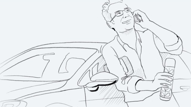 Eine Storyboard Skizze des Videos über das Messsystem IMS-A. Ein Mann steht vor einem Auto und telefoniert. 