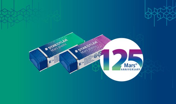 Logo und Radiergummi im Jubiläums-Design von 125 Mars