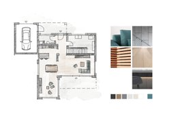 Gezeichneter Grundriss eines Hauses. Daneben sind kleine Ausschnitte aus dem Sortiment von Roma