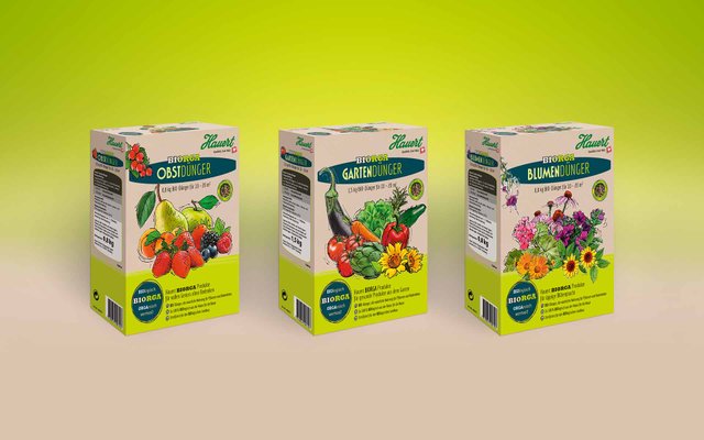 Drei Verschiedene Verpackungen im braunen Naturkarton-Look von Hauert 