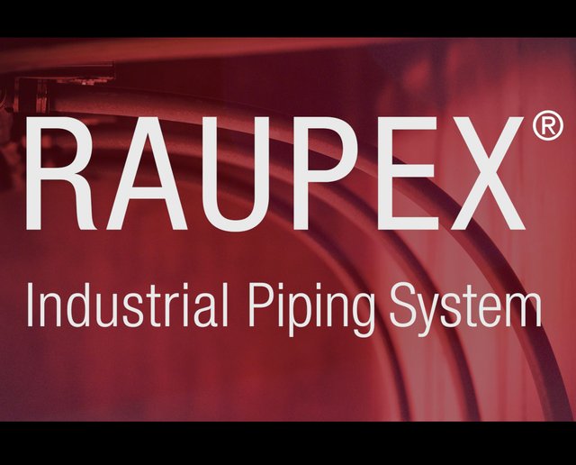 RAUPEX® Industrial Piping System steht auf einer roten Fläche. Es ist ein Standbild eines Videos.