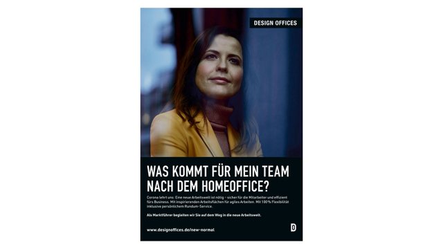 Anzeigenmotiv Slogan: Was kommt für mein Team nach dem HomeOffice? Logo Design Offices, Motiv Frau  