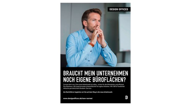 Anzeigenmotiv Slogan: Braucht mein Unternehmen ncoh eigene Büroflächen? Logo Design Offices, Motiv Mann