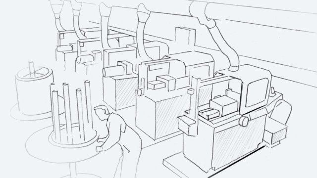 Eine Storyboard Skizze des Videos über das Messsystem IMS-A. Man sieht eine Produktionshalle. 