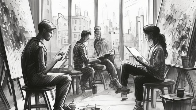 Gezeichnetes Storyboard-Bild. Drei Kommunikations-Experten sitzen in einem kreativen Atelier.