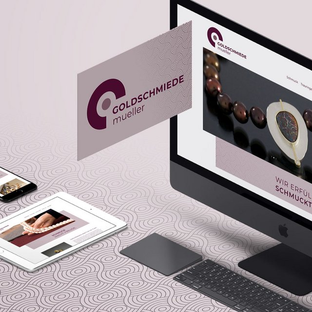 Die neue Webseite der Goldschmiede Müller wird auf einem Monitor, einem Tablet und einem Smartphone angezeigt.