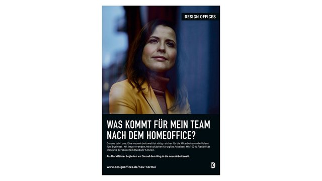Anzeigenmotiv Slogan: Was kommt für mein Team nach dem HomeOffice? Logo Design Offices, Motiv Frau  