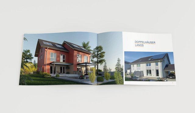 aufgeschlagener Prospekt von KAMPA zum Thema Reihen- und Doppelhäuser. Blick auf ein Lanos Haus
