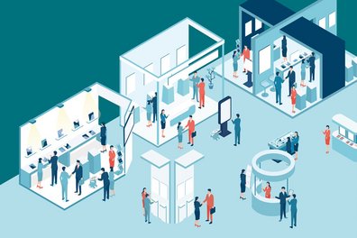 Grafik eines Messestandes mit Besuchern Grafik eines Messestandes mit Besuchern