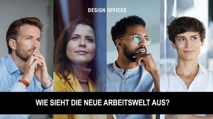 Key Visual mit vier Personen, Logo Design Offices und Slogan Wie sieht die neue Arbeitswelt aus?