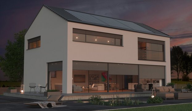 Ein 3D-Haus in Abendlichtatmosphäre aus dem Sponsortrailer für ROMA Textilscreens