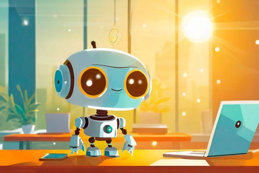 Ein kleiner Roboter steht vor einem offenen Laptop.