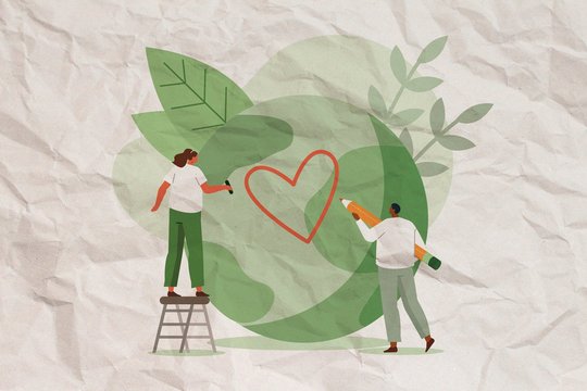 Zwei Menschen kümmern sich um eine grüne Weltkugel und verschönern sie. 