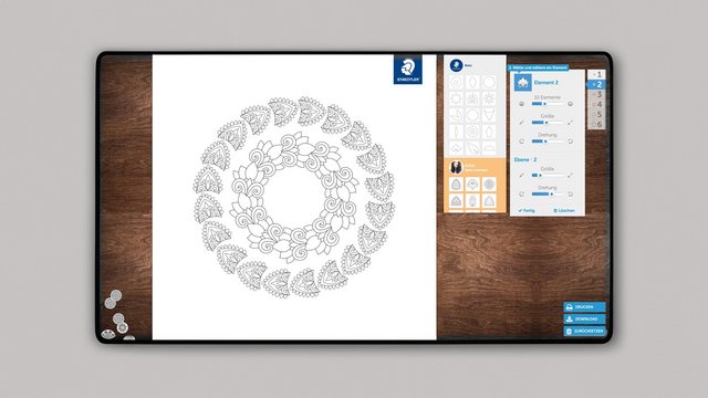 Ein Mandala wird im Mandala Creator von Staedtler auf einem Tablet erstellt. 