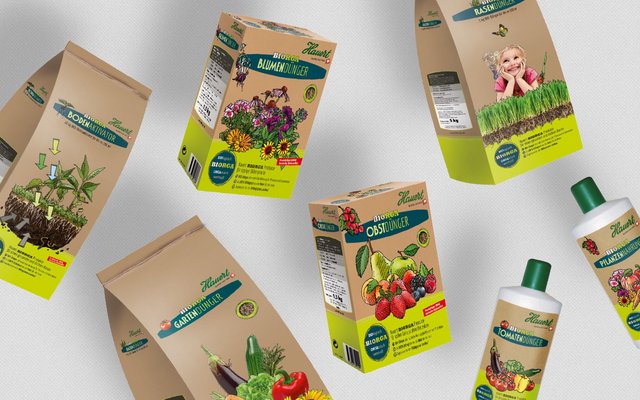 Verschiedene Verpackungen im braunen Naturkarton-Look von BIOGRA Hauert 