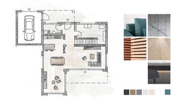 Gezeichneter Grundriss eines Hauses. Daneben sind kleine Ausschnitte aus dem Sortiment von Roma
