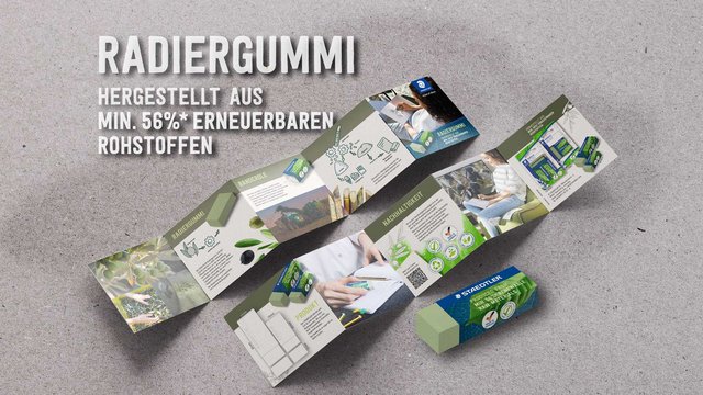 Ein Blick auf den ausgebreiteten Folder zum Radiergummi aus nachwachsenden Rohstoffen von Staedtler